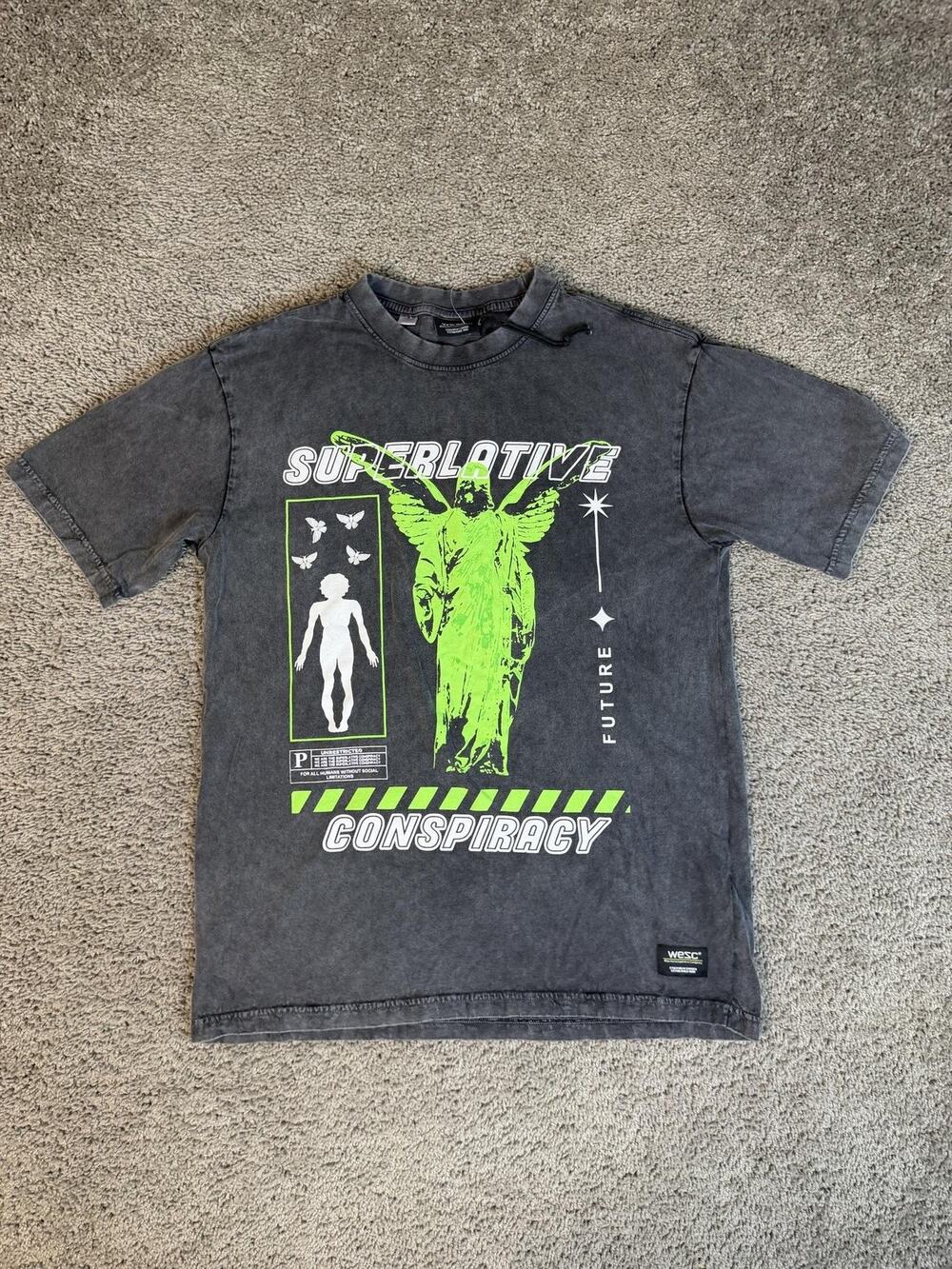 WeSC Shirt Mens L Gray Superlative Conspiracy Graphic Crew Neck Cotton
